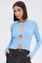 Blue Knit Top Cut Out Long Sleeve Ribbed - Size M, Women's Crop Knitted