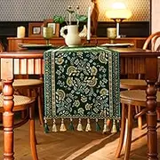 American Rustic Floral Green Jacquard Table Runner, Double Layer Reversible Fabric, Vintage Home Decor Dining Room Kitchen Cafe, 13 x 78 inches