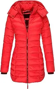 [JEShifangjiusu] Women Pure Color Zip Full Long Down Jacket Thickening Long Padded Coat With Removable Hood Warm Down Jacket, Red, L
