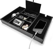 [ULTRAY] West End Warehouse Valet Tray for Men, Nightstand Organizer, Entry Table Organizer, Catch All Tray, Dresser Organizer, Black Faux Leather Box, 6 Compartments