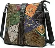 [Karoukee] Women's Vintage Patchwork Shoulder Bag, Retro Flower Embossed Leather Crossbody Bag Purse, Casual Medium Handbag for Lady, Multicolor, Medium