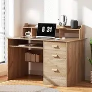 Artiss Computer Desk, 115cm Particle Board Desktop with 2 Tiers Desktop Shelves and 3 Drawers, Office Corner Laptop Desks Shelf Study Student Table, Home Furniture for Bedroom