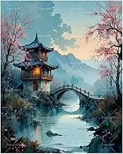Oriental Landscape Paint by Numbers Kit for Adults - DIY Chinese Pavilion with Bridge Painting on Canvas 16x20 Inches, Acrylic Paint Set, Suitable for Beginners,Art for Home Decoration/Gifts