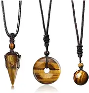 Jovivi 3 Pcs Healing Crystal Stone Necklaces Set for Men Women Natural Amethyst Black Obsidian Tiger Eye Gemstone Hexagonal Bead Donut Necklace Adjustable Rope Quartz Crystal Chakra Pendant Jewelry