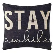 Retro Wood Black Stay Awhile Pillow Cover 18x18 Inch Cotton Linen Square
