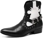 [Generic] Patchwork Buckle Strap Decoration Red Color Studs Decoration Men Ankle Boots Holiday Club Party for Show Pure Genuine Leather