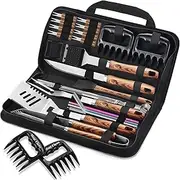 ROMANTICIST 27pcs Heavy Duty Grilling Gifts for Men Dad Fathers Day, Extra Thick BBQ Accessories Tools Set, Stainless Steel Grill Utensils Kit with Meat Claws, Carrying Bag for Outdoor Camping Brown