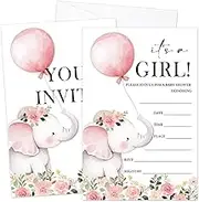 It's A Girl! Baby Shower Invitations With Envelopes For Girls, 25 Set Elephant & Balloon Double-Sided Fill In Invites For Gender Reveal Baby Announcement, Party Favor & Decorations -03