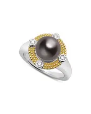Lagos 18K Yellow Gold & Sterling Silver Luna Black Tahitian Pearl & Diamond Halo Ring