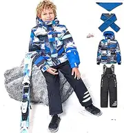 [7HAHA3] Boy's Snowsuit with Bib Scarf Teen Snowboard Ski Jacket & Pants Set Children Coat Warm in -30°C (-22℉)