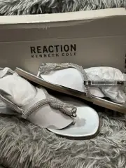 Kenneth Cole Reaction Whitney Silver Beaded Thong Sling Back Sandals Womens 5.5