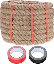sourcing map Jute Rope 1.1 Inch x 30ft, Heavy Natural Thick Twisted Rope with 2 Roll Tapes for Crafts Railing Docks Tug of War Swing Nautical Landscaping