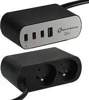 Electraline Electradock 35461 Power Strip with 2 French Sockets + 4 USB (3 USB C (Power Delivery) PD35W + 1 USB A QC) + 1 Desk Mount Included