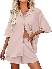 [Ekouaer] Lounge Sets for Women Waffle Knit Pajama Sets Button Down Shirt Drawstring Shorts Short Sleeve Outfit Set,S-XXL