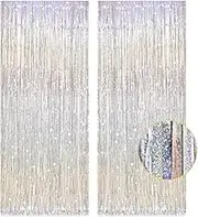 2 Pack 3.2ft x 8.2ft Silver Metallic Tinsel Foil Fringe Curtains, Door Streamer Photo Booth Backdrop for Birthday Graduation Engagement Bridal Shower Bachelorette Baby Shower Party Decorations