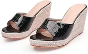 [Gikleihwy] Women's Straw Weaving Fish Mouth Sandals Trifle Base Peep Toe Round Toe Wedge Platform Mules Roman Slippers Orthotic Non-Slip Dressy Shoes