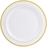 25 PCS 7.5 inch 19cm/10.25 inch 26cm Reusable White Plastic Plates-Reusable Round Plastic Plates with Gold/Silver/Rose Gold Rim-Wedding Party Plates-Meal Plates/Salad Plates (Gold,7.5 inch)