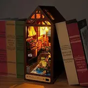 Book Nook Kit 3D Wooden Puzzle Bookshelf Insert Decor with LED Light DIY Miniature Dollhouse Model Kit Creative Educational Bookshelf Insert Bookend Building Kits