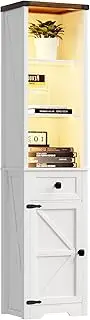 Dystler White Tall Narrow Bookshelf with Doors and Shelves and Drawer, Farmhouse Book Cases with Led Lights and Storage Cabinet, Wooden Bookcase Display Case for Bedroom, Living Room