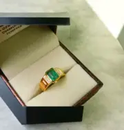14k Solid Yellow Gold Ring Emerald Diamond Ring Men's Ring Zambia Emerald Ring