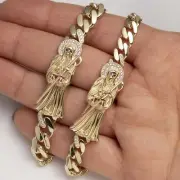 CZ Santa Muerte Cuban Link Chain Bracelet Box Lock Real 10K Yellow Rose Gold