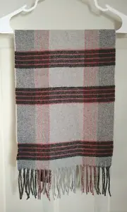 ITALIAN WOOLEN TREASURES LAMBSWOOL GRAY AND RED PLAID SCARF, 70" X 12"