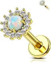 [Agrewd] Helix Piercing Jewellery Cartilage Earrings Opal Flower Flat Back Labret Lip Stud 16G Forward Tragus Medusa Piercing Jewellery Surgical Steel Internally Threaded Helix Earring for Women