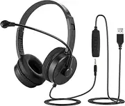 Geekria 3.5mm AUX Wired Computer Headphones, Customer Service Headset with Noise Canceling Microphone USB Headset for Cell Phone Computer Office Home Call Center PC Headset in-Line (Black)