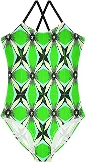 [RPLIFE] Geometric Angular Shapes Green Bathing Suit Girl, Summer Beach Bathing Suits Girls, 3-10