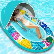 AMENON [Extra Large] Inflatable Pool Float,70"" x37 Water Pool Lounge for Adults with Headrest & Detachable Canopy, UPF50+ Sunbathe Tub, Pool Float, Floating Chair