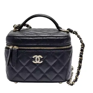 【CHANEL 香奈兒】經典雙C LOGO菱格粒紋牛皮手提/斜背化妝包(黑色AS3171C-BLK-GP)