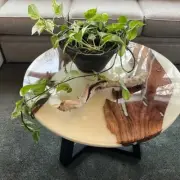 White Epoxy Table Top, Round Side End Table Resin River Table, Acacia Wood Table