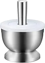 Pestle and Mortar Set Brushed Stainless Steel Mortar and Pestle, Kitchen Mixing Grinding Bowl Set Garlic Grinder Tool,Pill Crusher,Spice Grinder,Herb Bowl,Pesto Powder with Lid and Anti Slip Bottom D