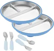 FwQoFvk 2 Pcs Stainless Steel Baby Divided Plate, Toddler Plate with Removable Silicone Suction Cup Base, Toddler Dish Set with Spoon and Fork for Home and Outdoor (Blue)