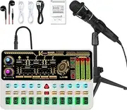 Hosabely Podcast Equipment Bundle, Basic Audio Interface with Mic and Stand, Denosing, Ducking, Remove Vocals, Loopback, Easy Used Podcast Bundle for KTV,Streaming,Podcasting,YouTube, TikTok(White)