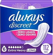 Always Discreet Adult Incontinence Pads for Women and Postpartum Pads, Extra Heavy Long, 112 CT, up to 100% Bladder Leak Protection