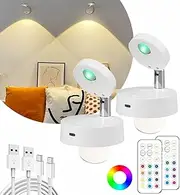 Wireless LED Spotlight Indoor with Remote: Rechargeable Mini Spot Lights for Picture Art Display Plants Wall Ceiling Lighting Decorative (2 Pack)