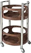 Kitchen Cart Round Double Layer Bar Cart with Guardrail Stainless Steel Cart Solid Wood Wine Service Cart Catering Trolley for Kitchen Drink Cart