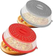 CasaCulina 2 Pack Collapsible Microwave Splatter Cover, Vented Microwave Lid with Hook Hole, Splatter Guard for Plate Dish Bowl, Vegetable Fruit Colander Multi-function Kitchen Gadget(Grey & Red)