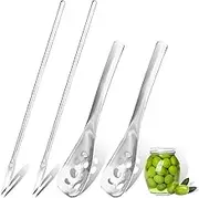 LELE LIFE Olive Spoon and Cucumber Fork Tool, SUS304 Stainless Steel, Small Slotted Spoon with Drainage Hole, Long Fork for Pickled Onion, Cucumber, Olive Jar, Silver, 4 Pieces