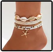 [Jascatin] Boho Anklet Multilayer Shell Design White Gold Stars Beads Summer Elastic Foot Jewelry for Women 7 Pieces One Size Metal No Gemstone, Einheitsgröße, Metal, No Gemstone