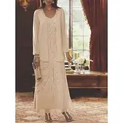 Beach Wedding Two Piece Sheath Mother of the Bride Dress Wedding Guest Elegant Sparkle Shine V Neck Ankle Length Chiffon Sequined Long Sleeve with Sequin free