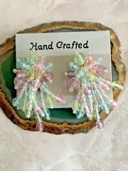 Vintage Beaded Dangle Pastel Chunky Statement Clip On 2 1/4"