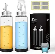 Suli Mouthwash Dispenser for Bathroom, 2 Pack 17 oz Glass Mouth Wash Container with Weighted Stainless Steel Spout, Reusable Glass Cups, Labels