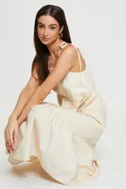 Beige Midi Dress Sleeveless Tie Shoulder - Size 12, Women's Maxi Dress