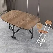 Folding Dining Table Set with 4 Chairs and 360° Wheels Space Saving Butterfly Kitchen Table Movable Drop Leaf Table (Light Brown 100 * 60cm)