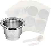 MTSDM 100 Pcs Aluminum Lids Foil and 1Pcs Coffee Capsule Cup, Espresso Foils, Reusable Espresso Capsules Stainless Steel Refillable Coffee Pods with Aluminum Foil Seals Stickers Lids Compatible