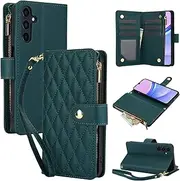 [YocoverTech] for Samsung S24 5G Case,for Galaxy S25 5G Flip Case,6 Card Holders +1 Cash Slot Wallet Cover Magnetic Folio Closure Purse with Wristlet Crossbody Lanyard-Green