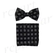 New Men's Pre-tied Bow tie & hankie Formal black white plaids & checker wedding