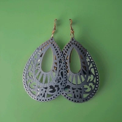 Handmade Bohemian Mandala Blue Wooden Teardrop Lightweight Earrings
